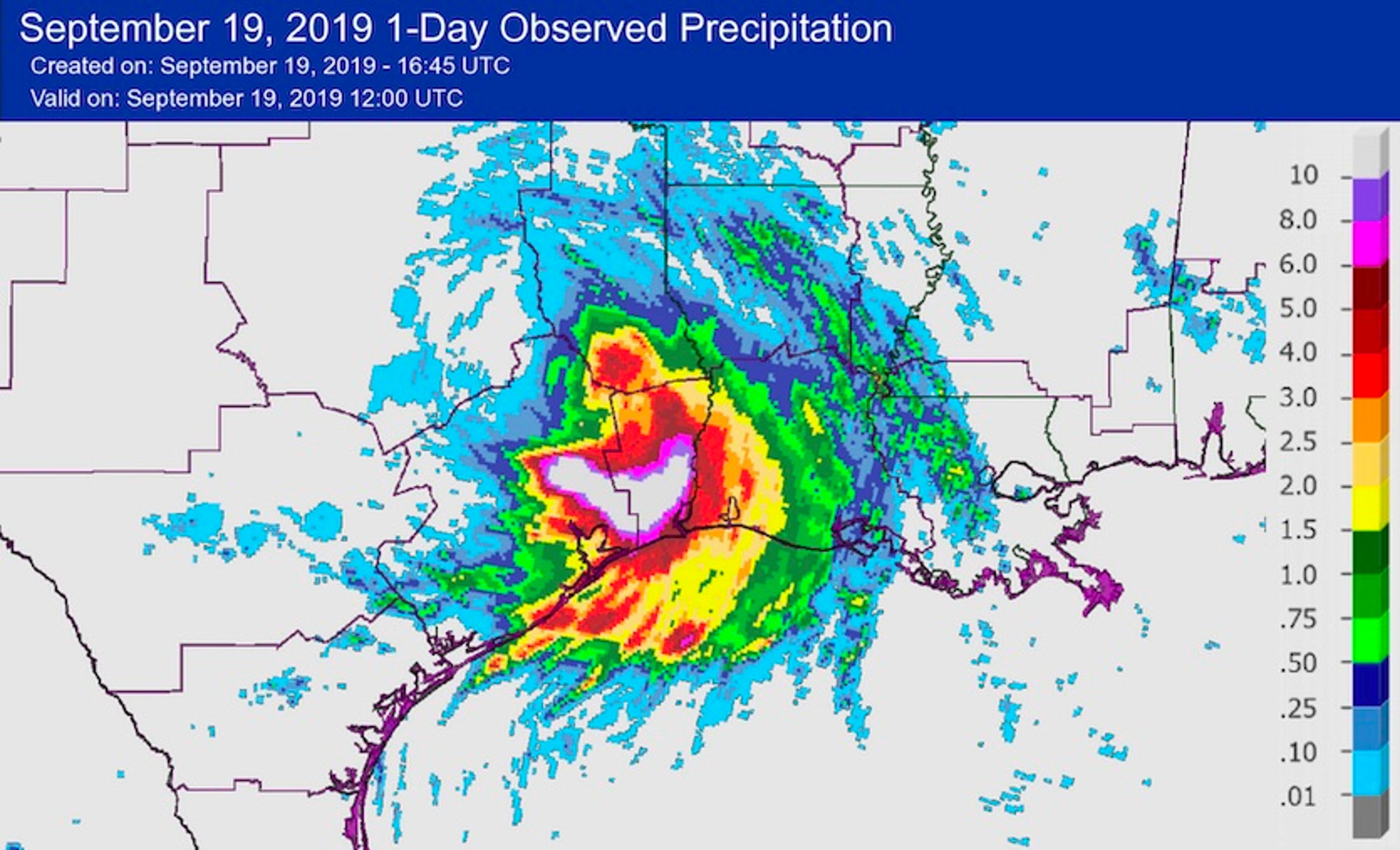 24-hour rainfall estimates for Imelda through 8 am EDT 9/19/19