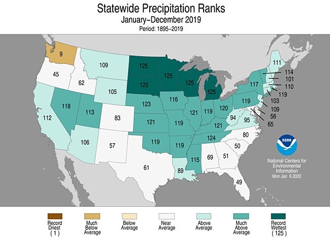 2019 State Precipitation Ranks - from 1 (record driest) to 125 (record wettest) 2019 State Precipitation Ranks - from 1 (record driest) to 125 (record wettest)
