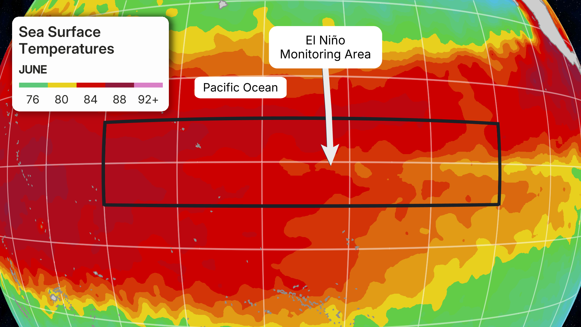 Sea surface temperature map of Pacific Ocean for June showing El Ni&ntilde;o monitoring area.