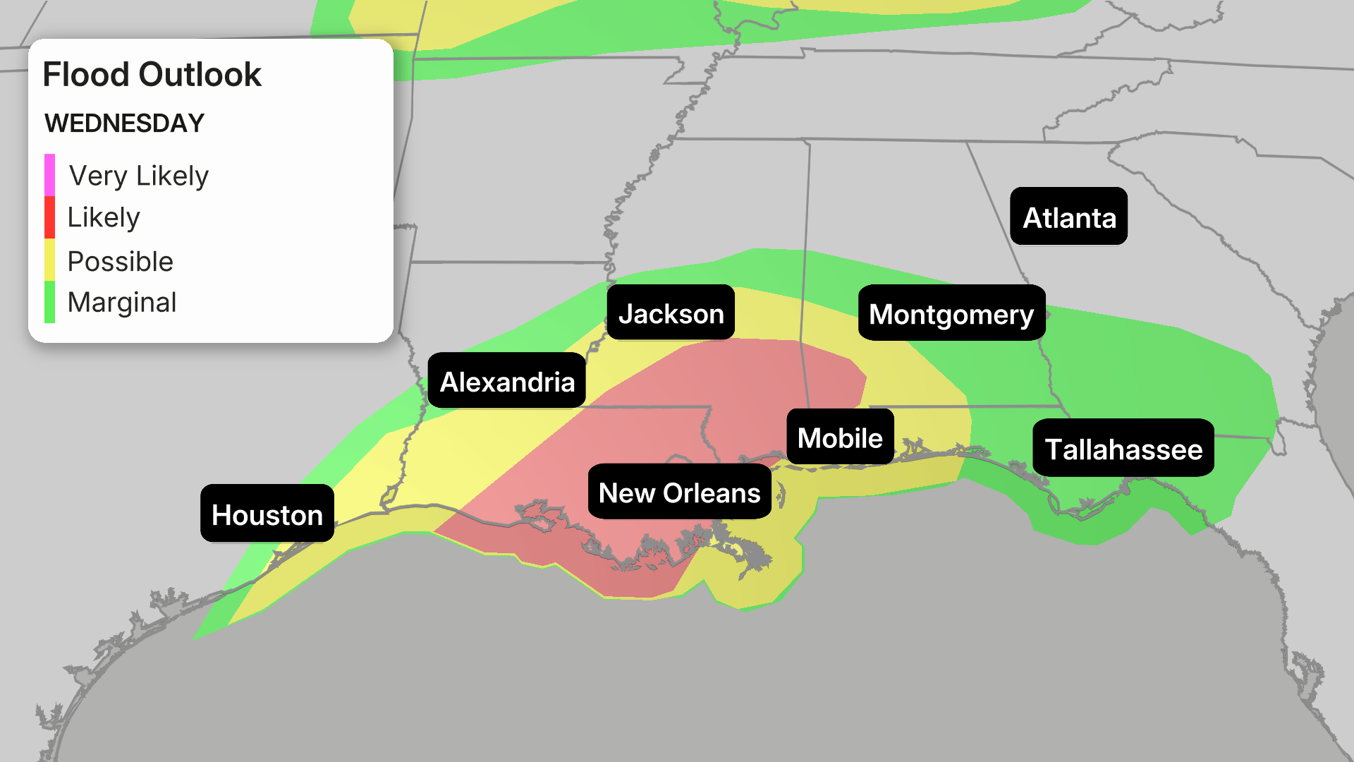 Weather map showing flood outlook for Wednesday across the southeastern United States with colored zones indicating flood risk levels from marginal to very likely, centered around Louisiana and Mississippi