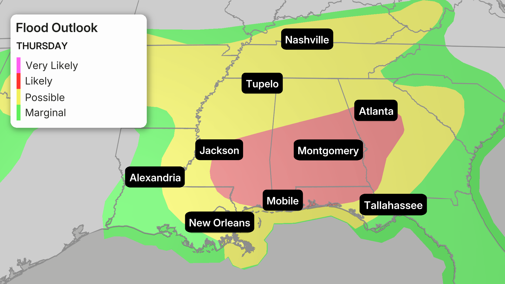 Thursday flood outlook map showing southeastern United States with color-coded flood risk levels from marginal (green) to very likely (pink), with cities labeled including Nashville, Atlanta, Mobile, and New Orleans