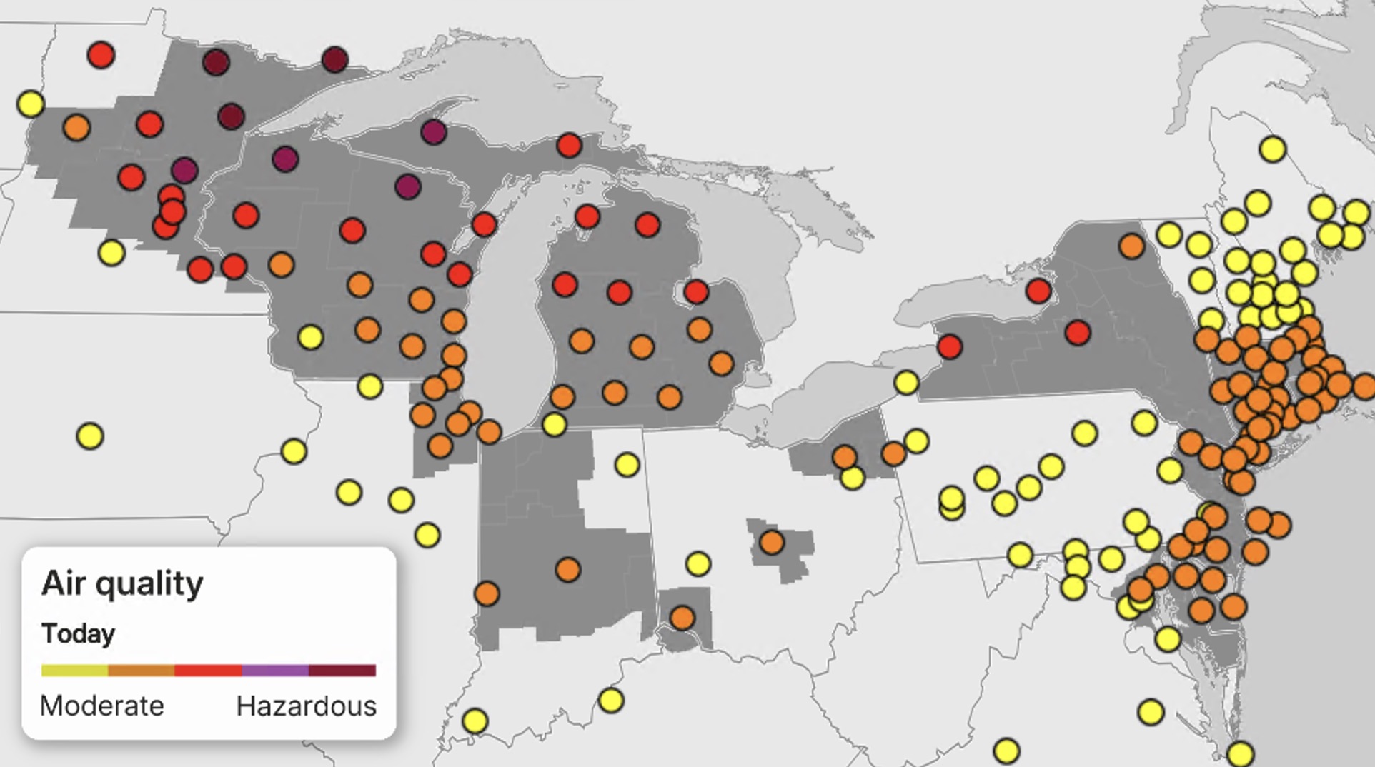 This image shows where the air quality will be the worst across the northern U.S. today.