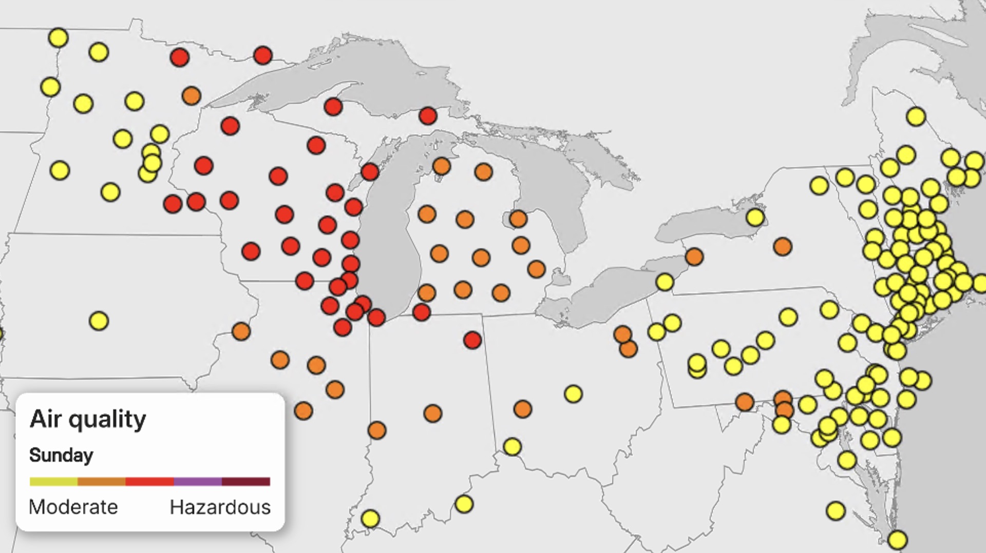 This image shows air quality markers across the Northern Tier. Darker shades of red and purple indicate poor air quality.
