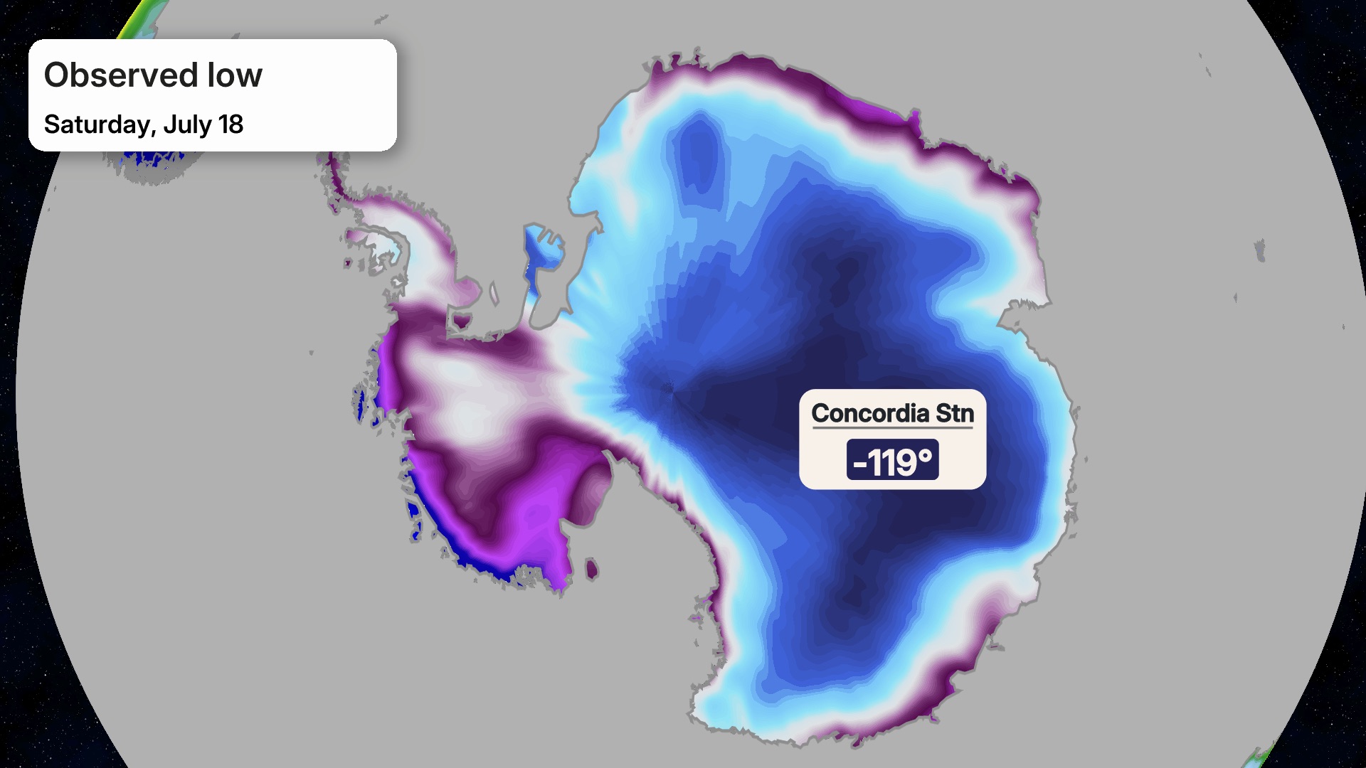 This image shows Antarctica's Concordia station from Saturday, July 18, 2026. They hit a low temperature of -119 degrees F.