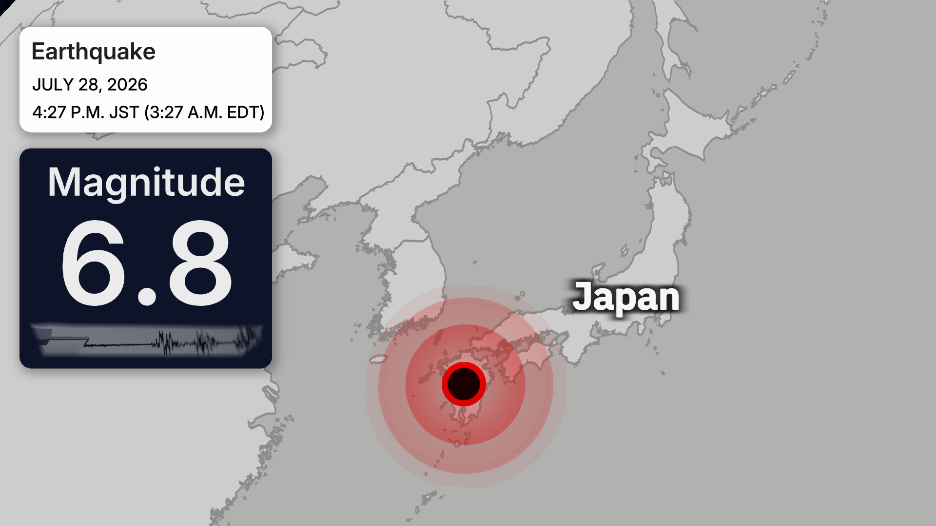 Earthquake map of Japan showing magnitude 6.8 and date July 28, 2026 with epicenter off the coast
