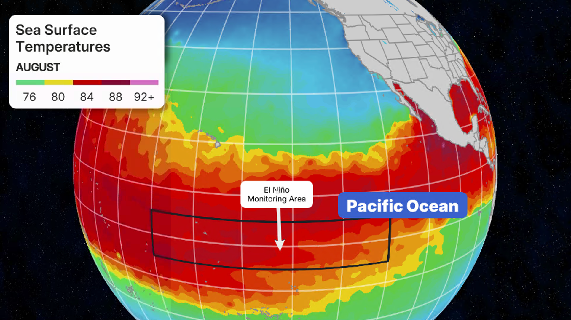 This image shows the sea surface temperatures in the equatorial Pacific. This is the area that drives El NI&ntilde;o and La Ni&ntilde;a. 