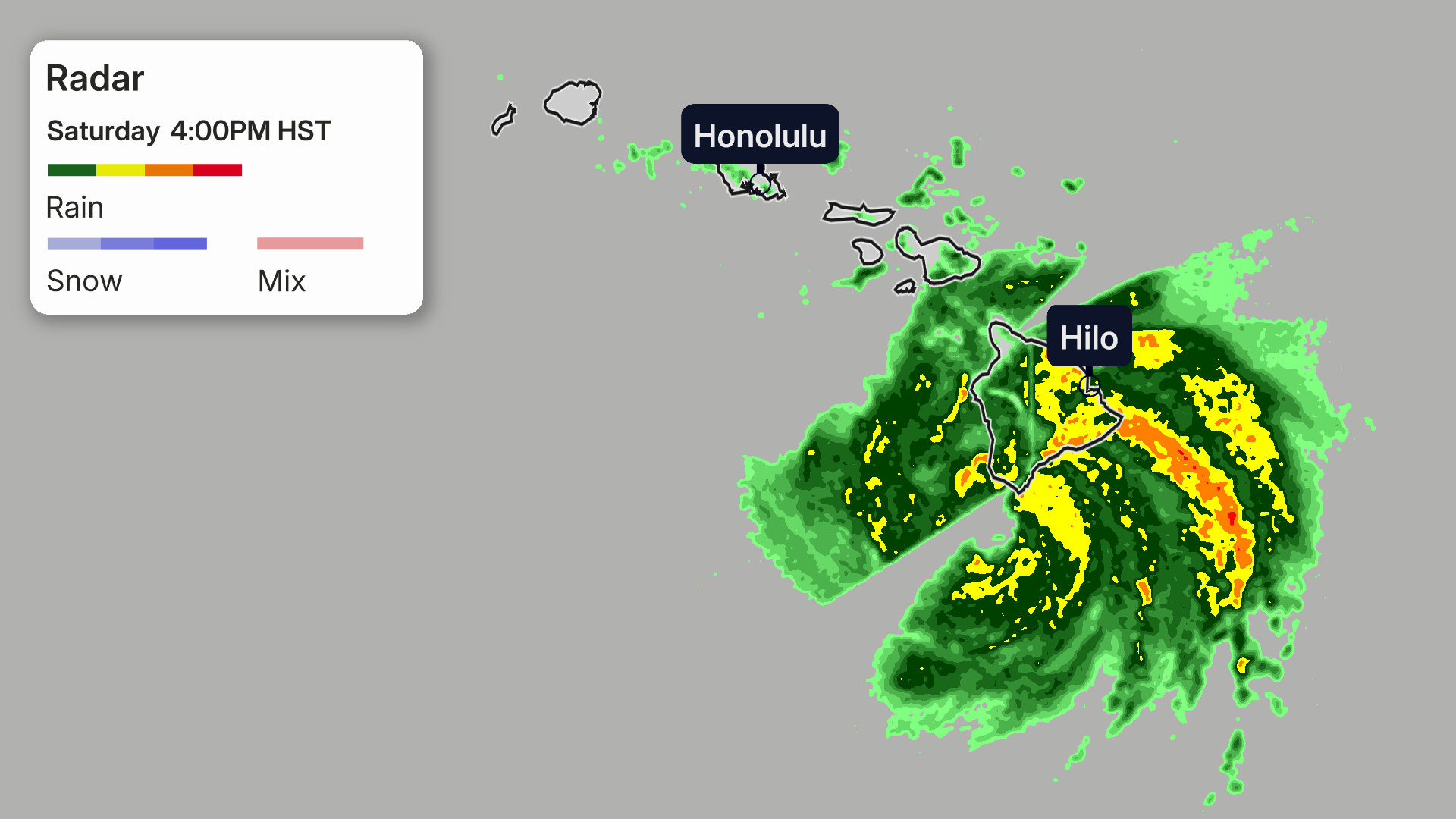 Radar of Hurricane Lala brushing the southern tip of the Big Island on Saturday, August 15, 2026.