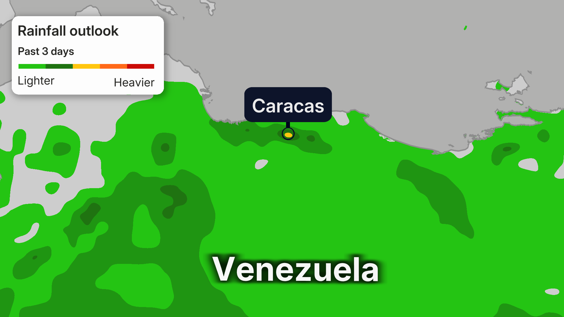 Map showing 3-day rainfall outlook over Venezuela with Caracas marked, using a green-to-red intensity scale