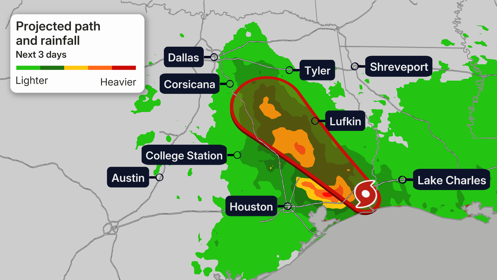 Rainfall map showing Edouard moving inland over Texas
