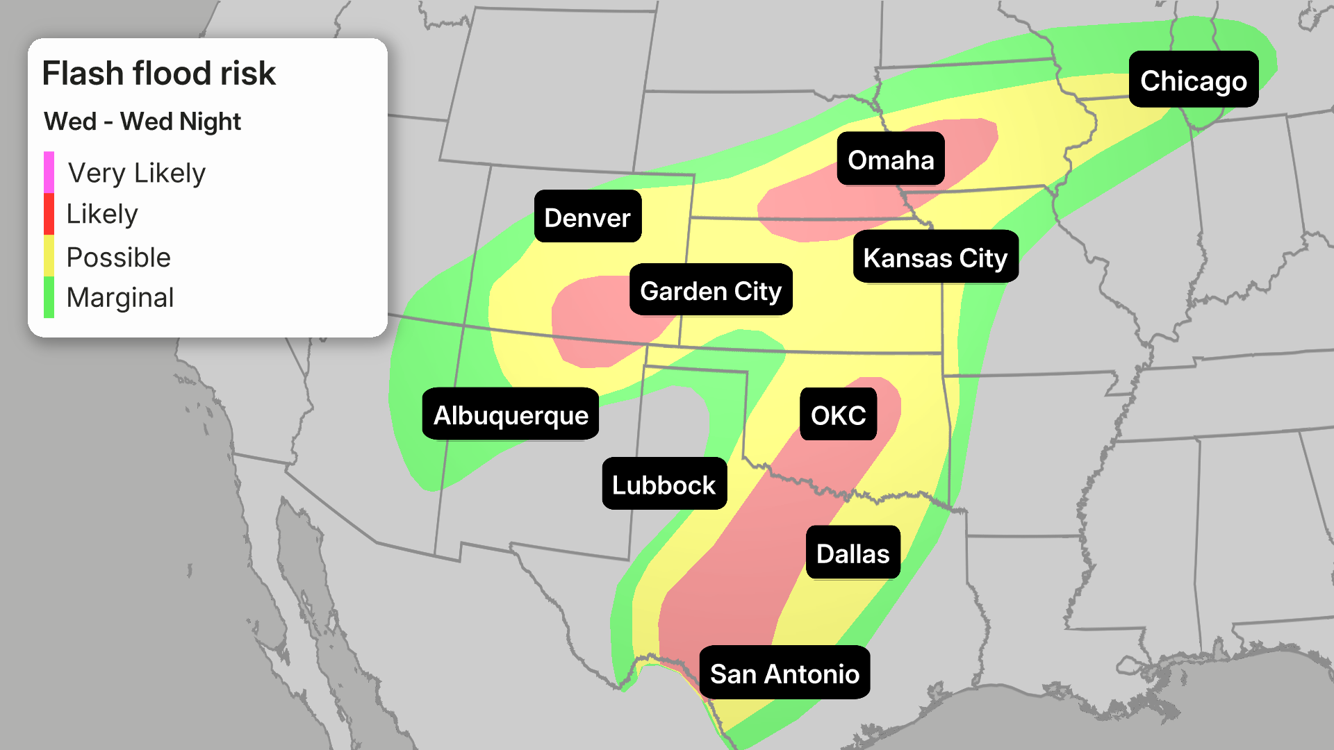 Map showing flash flood risk from central Plains to Midwest Wednesday, with likely to marginal risk zones near Denver, OKC, Dallas, Omaha, and Chicago