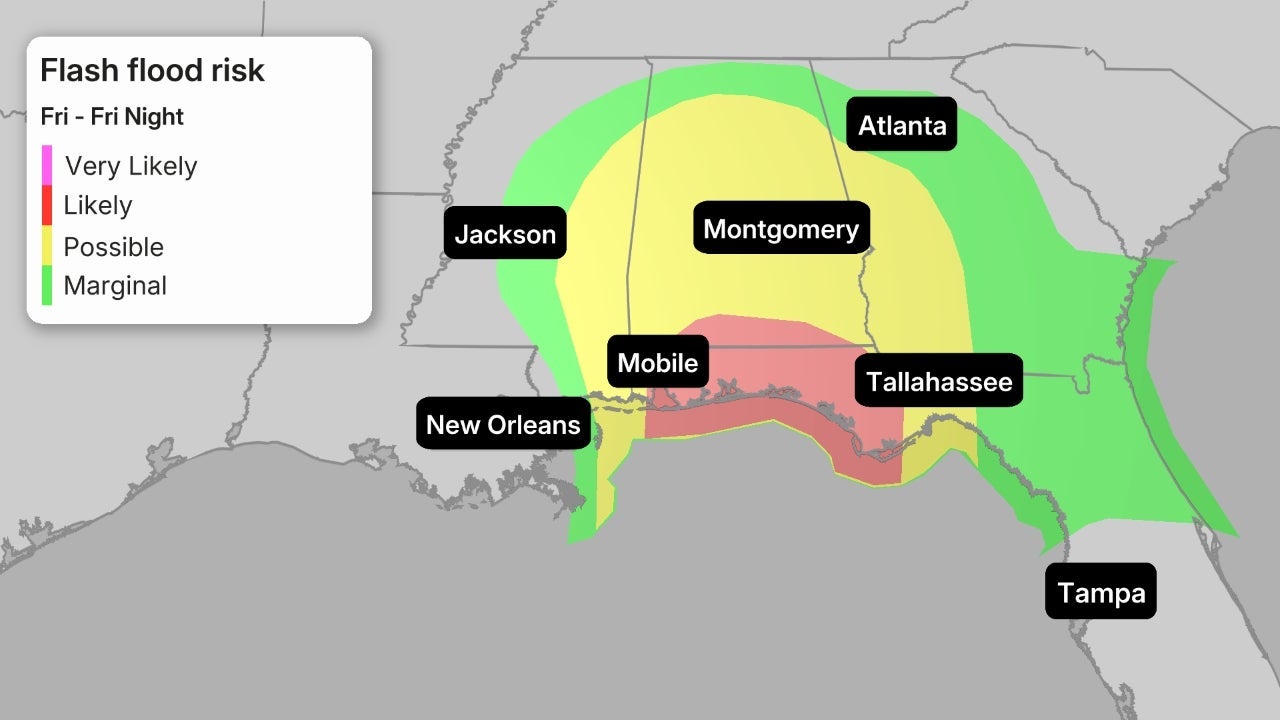 Map showing flash flood risk levels across the Gulf Coast and Southeast US for Friday, with likely risk near Mobile and possible risk extending to Atlanta and Montgomery