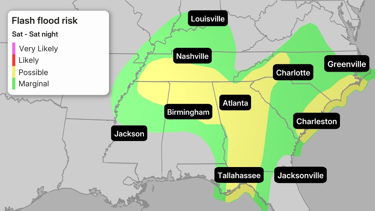 Map showing flash flood risk across the southeastern US from Saturday to Saturday night, with possible and marginal risk zones spanning cities including Nashville, Atlanta, Charlotte, and Birmingham