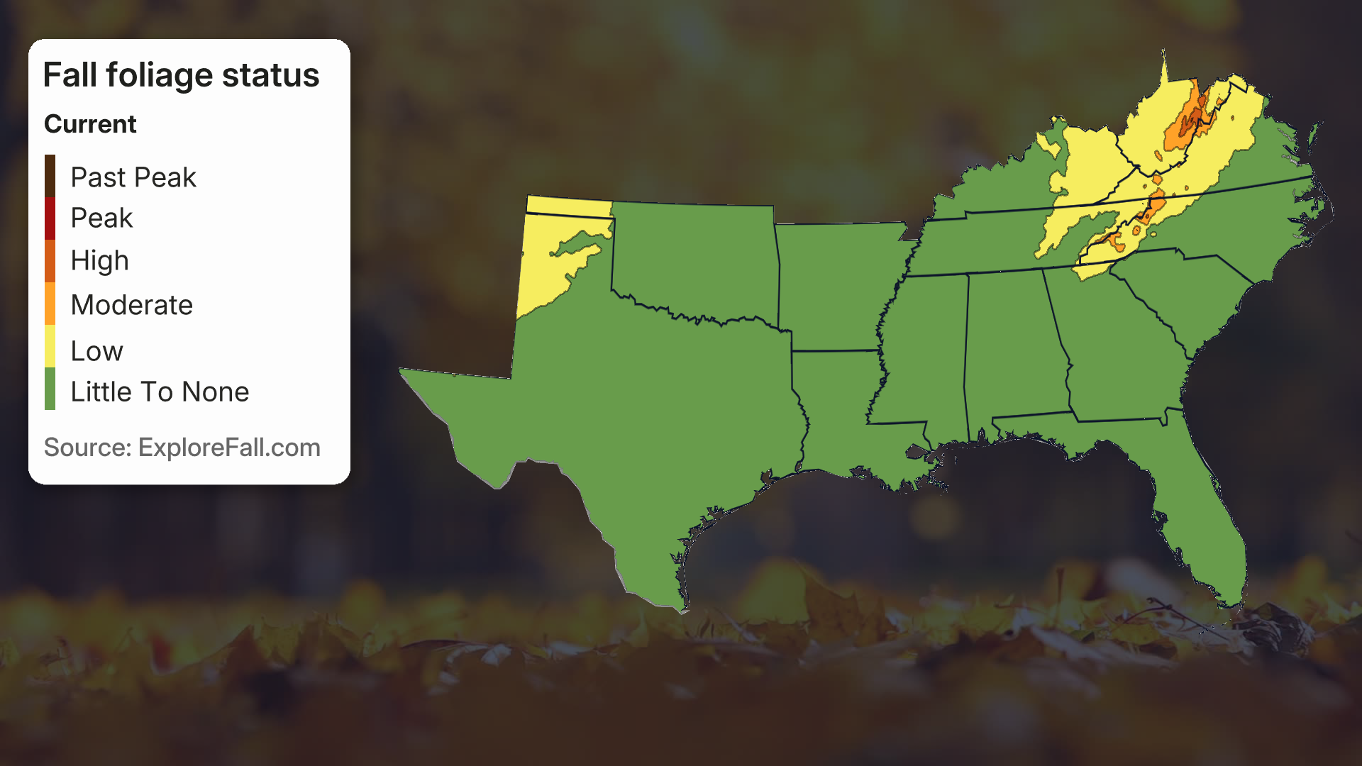 Map showing current fall foliage status across southern US states, color-coded from green (little to none) to orange and brown (peak and past peak)