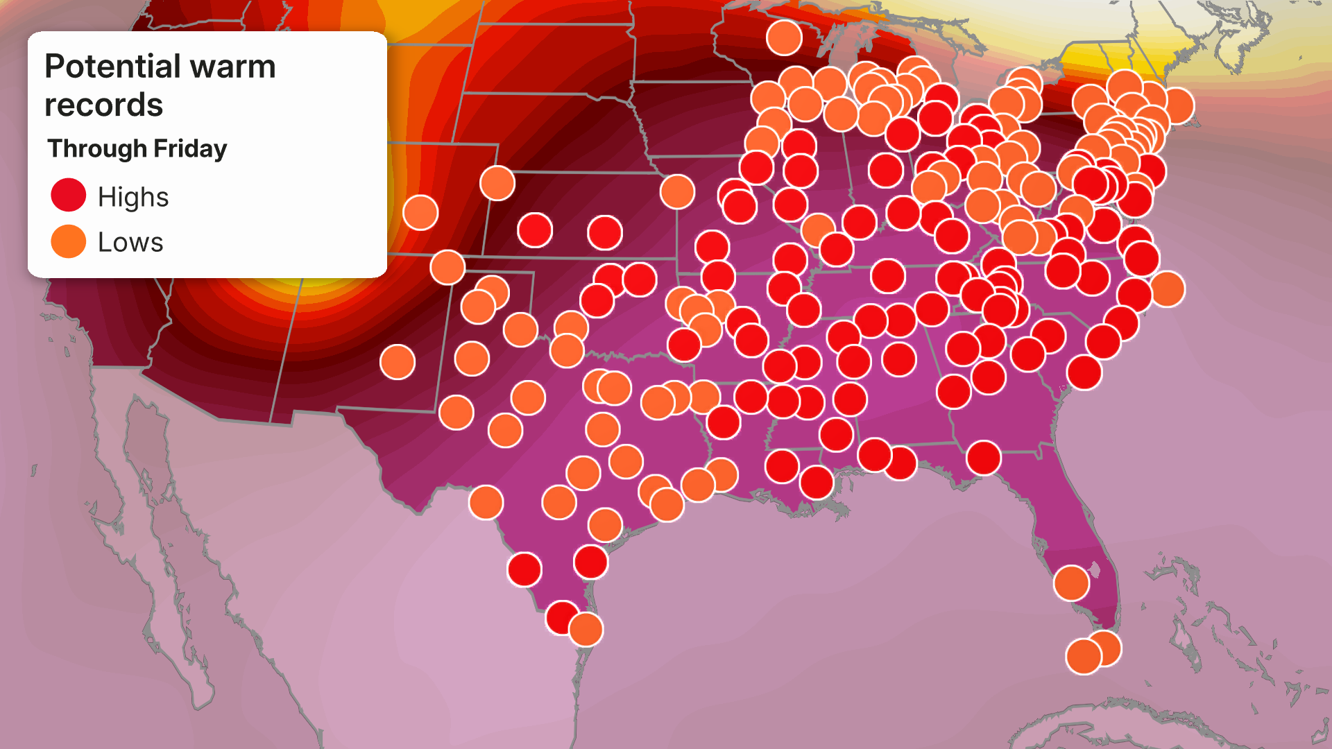 US map showing potential warm temperature records through Friday, with red dots for highs and orange dots for lows across eastern and central states