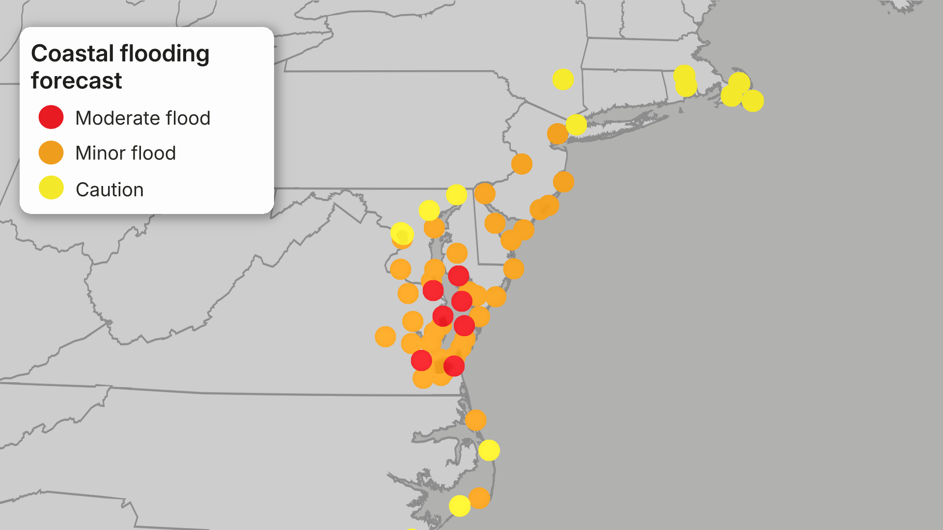 Map of US East Coast showing coastal flooding forecast with red, orange, and yellow dots indicating moderate flood, minor flood, and caution levels