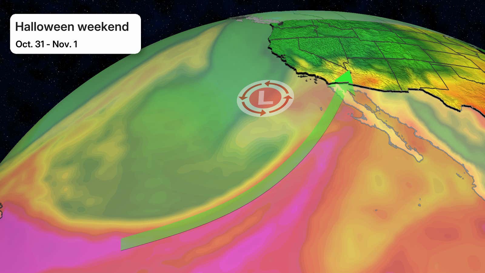 Pineapple Expresses Flood Threat for California, Southwest 5 Weather map graphic showing a low pressure system and storm arrow approaching the California coast, labeled