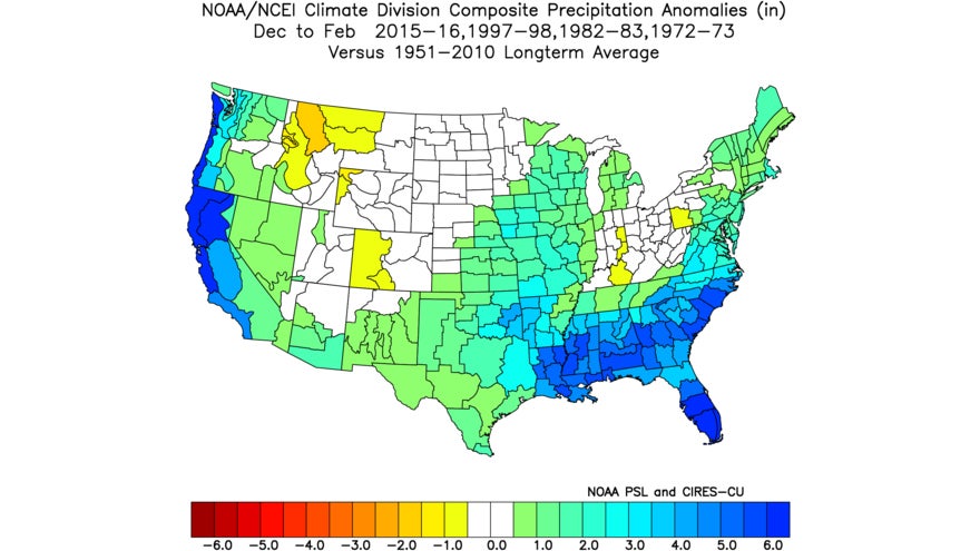 Winter (Dec-Feb) precipitation anomalies averaged across four strong El Ni&ntilde;o events. California and the southern tier run wet; the northern Rockies and interior Northwest do not.