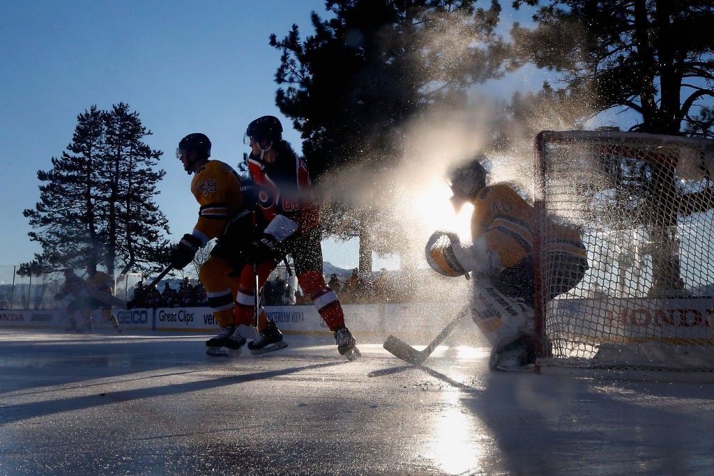 Sun is outdoor hockey's biggest wild card. Glare can hide the puck, and warm daylight can slow the ice, as seen at the 2021 NHL Outdoors at Lake Tahoe.