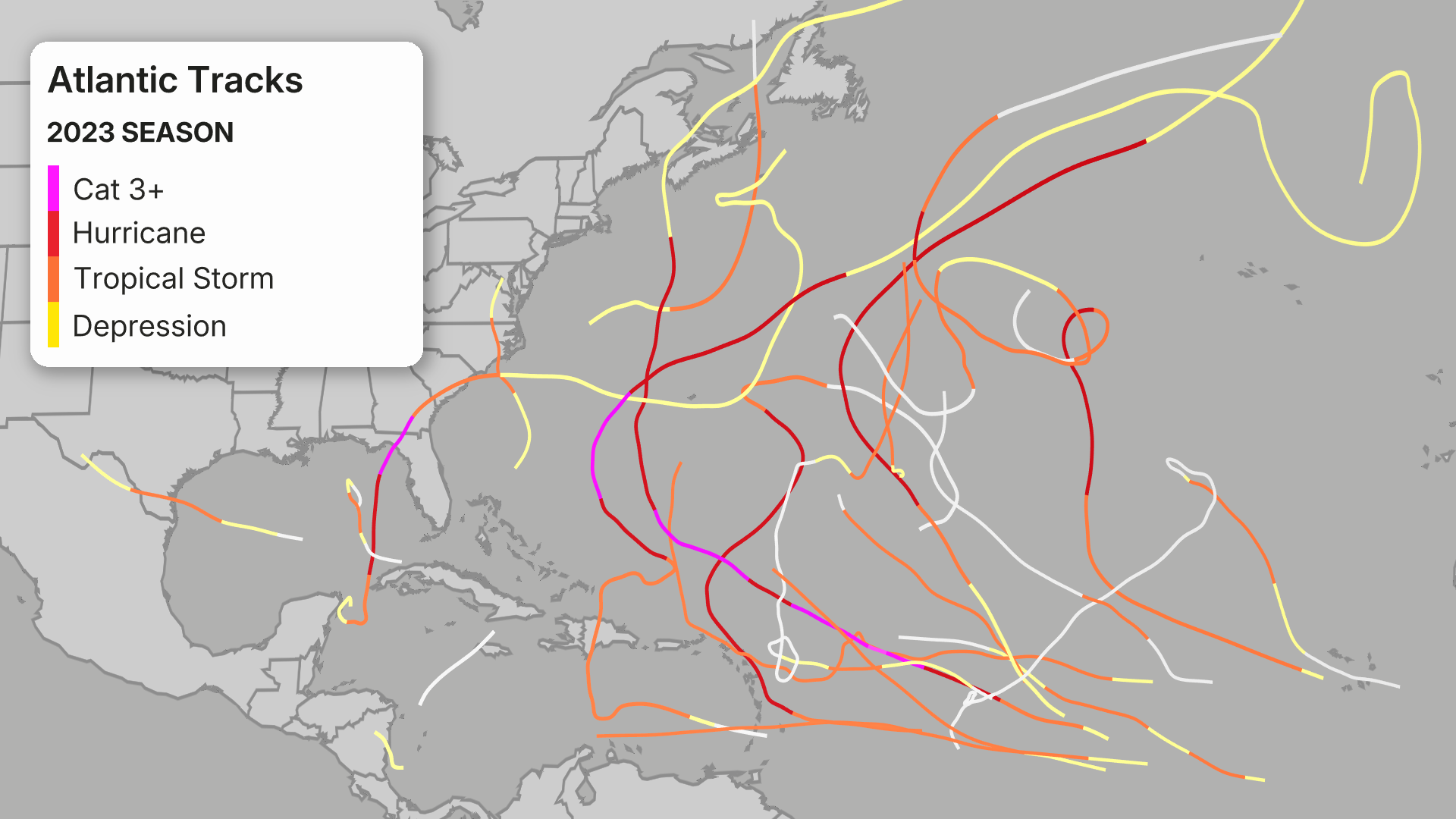 Map showing Atlantic hurricane and tropical storm tracks for 2023 season with color-coded intensity levels from depression to Category 3+ hurricanes