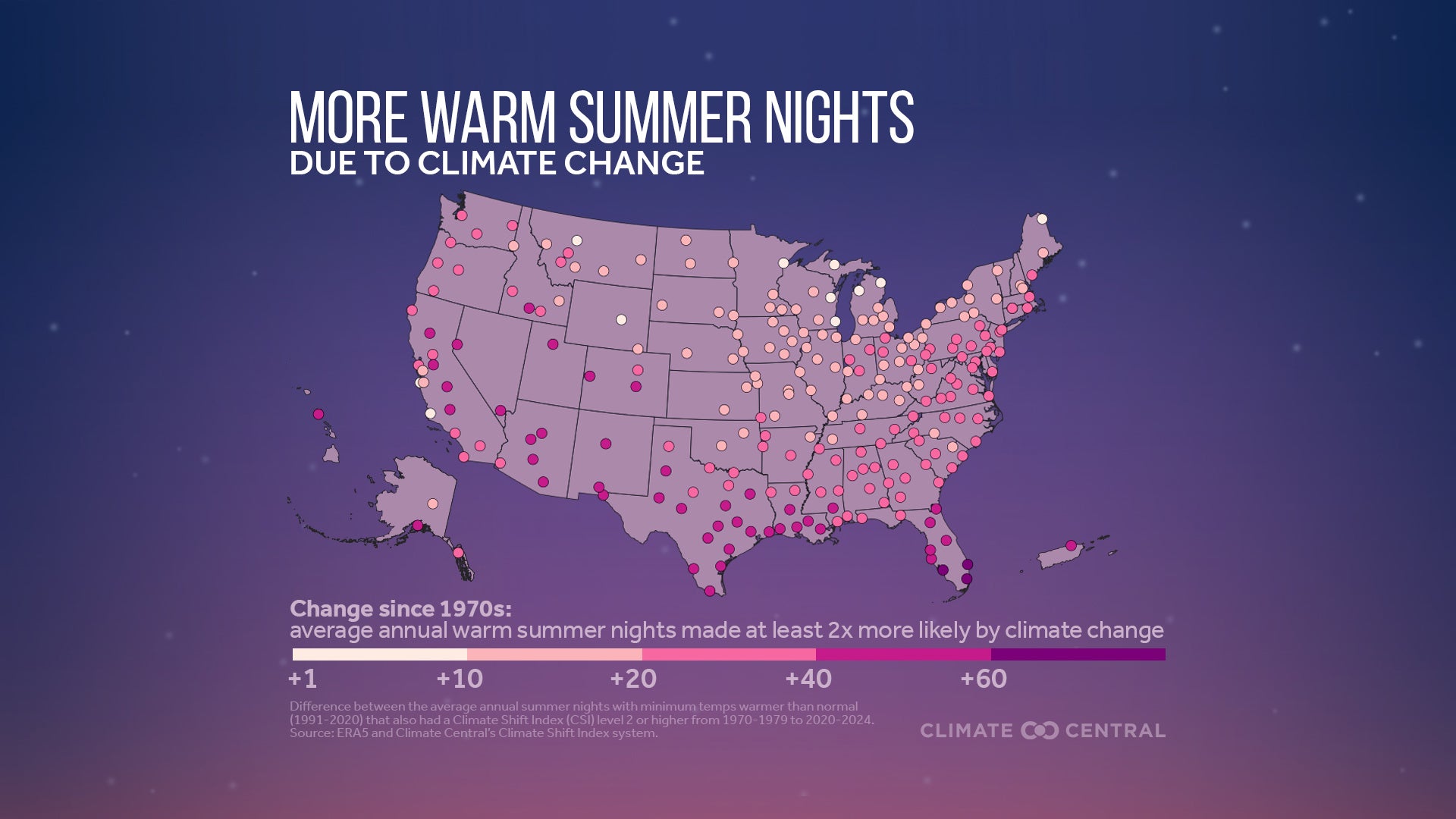 A graphic map illustrates how average nighttime temperatures have risen across the U.S. since 1970.