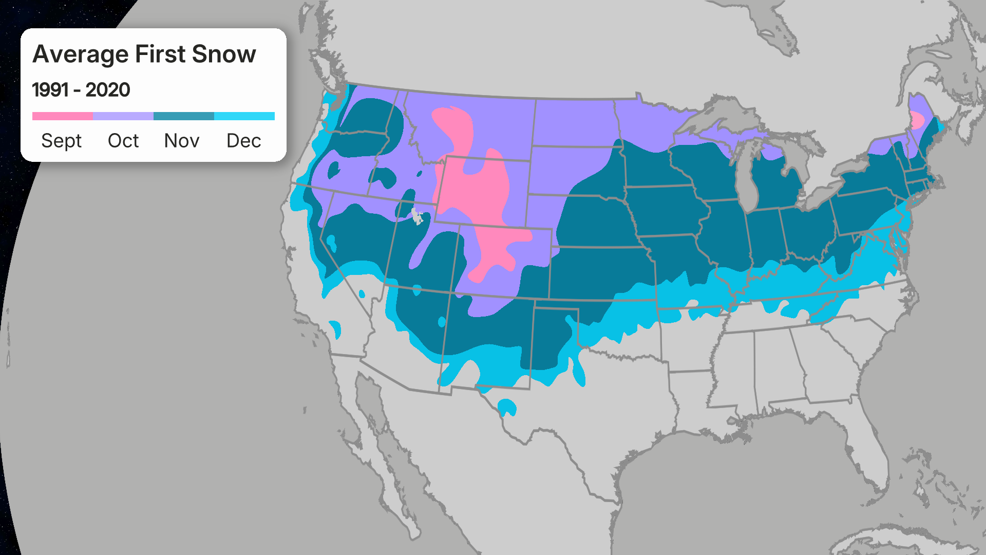 Map of North America showing average first snow dates from September to December, color-coded by region