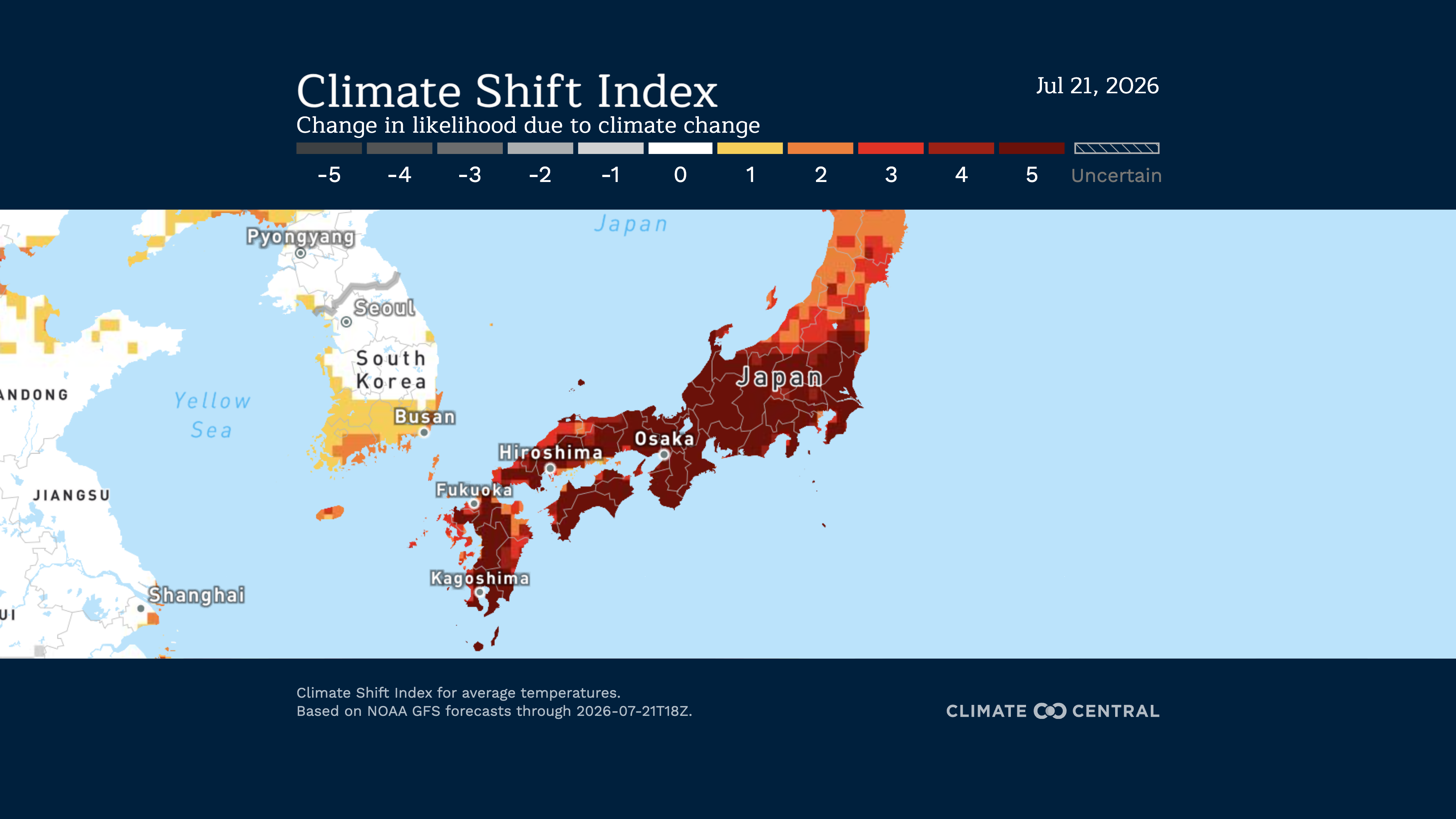 Climate Shift Index map of Japan and Korea, with dark red highest values across Japan and date Jul 21, 2026.