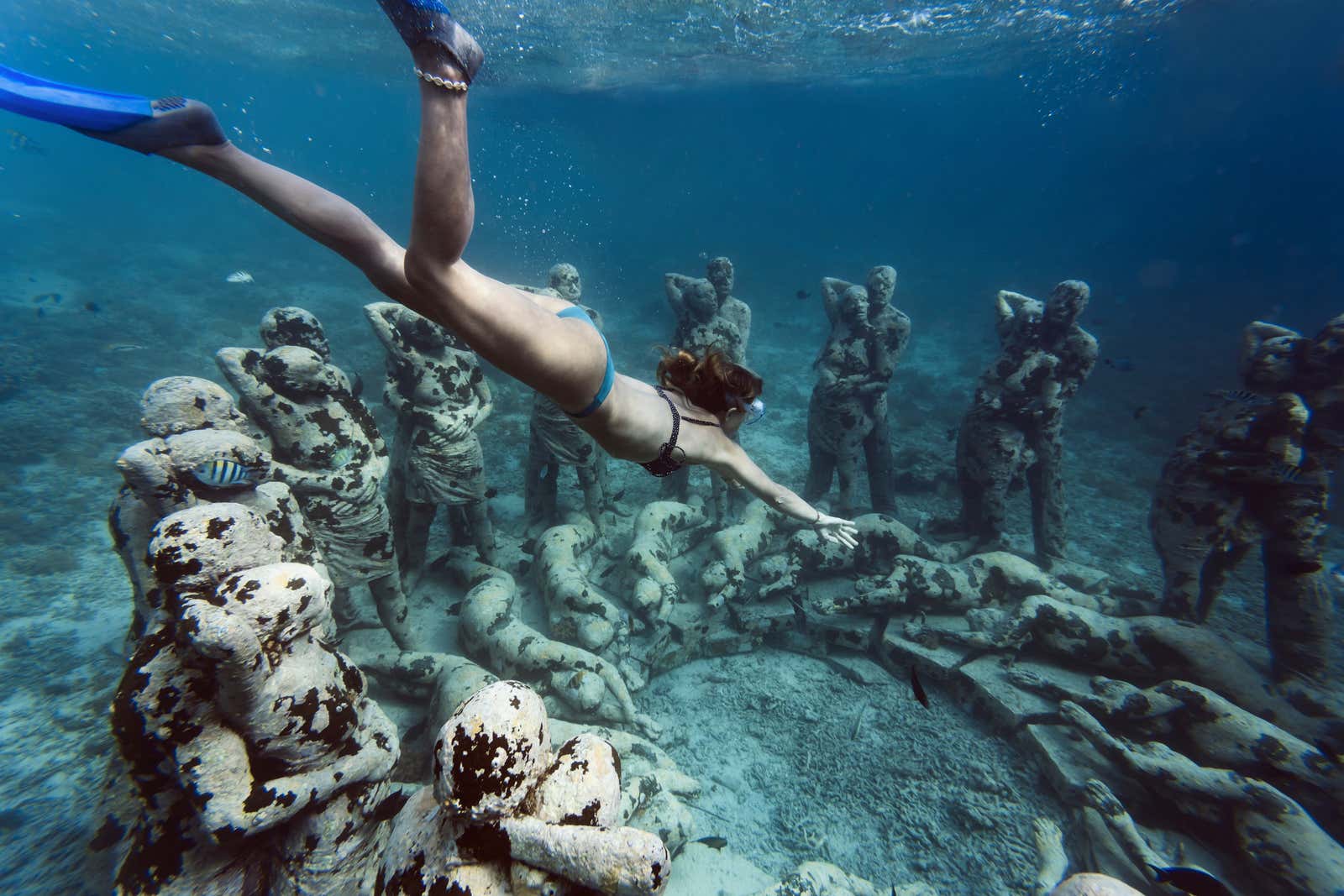 A snorkeler swims above Nest, Jason deCaires Taylor's underwater sculpture installation near Bali, Indonesia.
