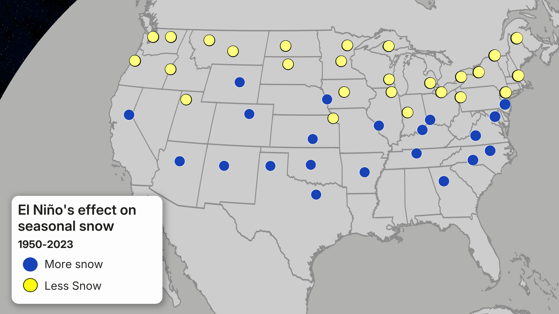 Map of the United States showing El Ni&ntilde;o's effect on seasonal snow from 1950-2023, with blue dots indicating more snow and yellow dots indicating less snow across various locations