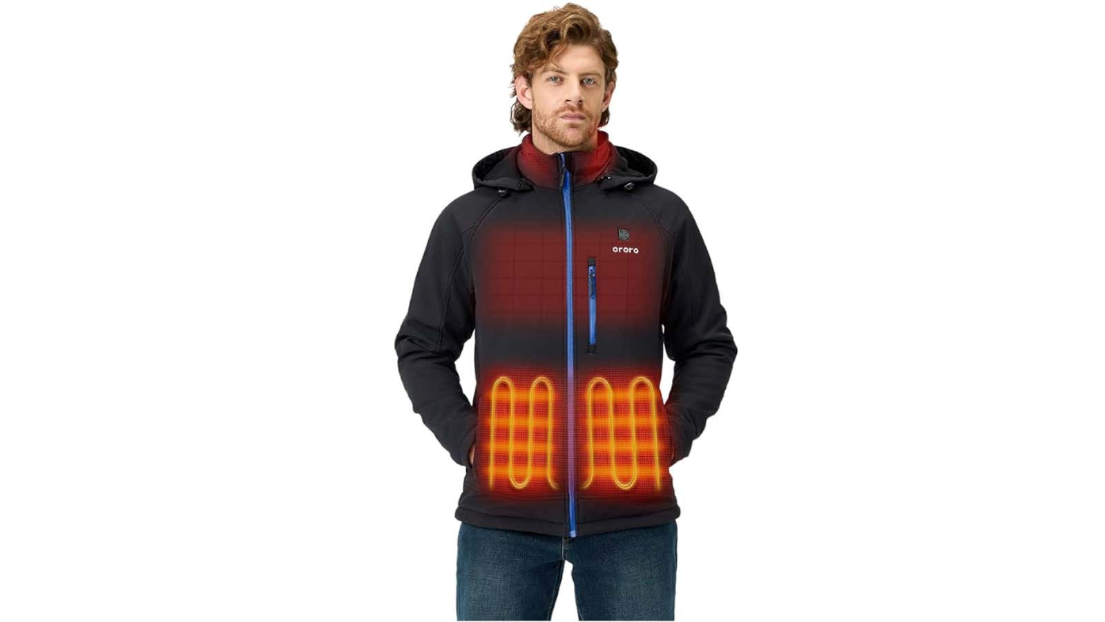 Man wearing black Ororo heated jacket with glowing orange heating elements visible on chest and lower torso