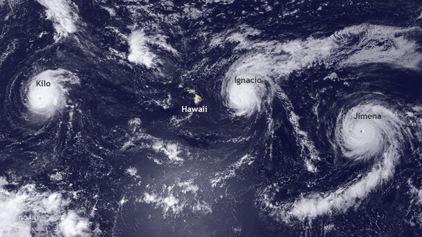 Satellite image showing the last time we saw a trio of Pacific hurricanes: Kilo, Ignacio, and Jimena. August 31, 2015. 