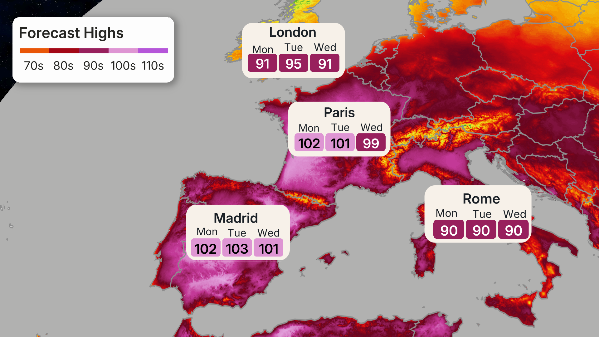 Map with 3-day forecast highs for cities in Europe