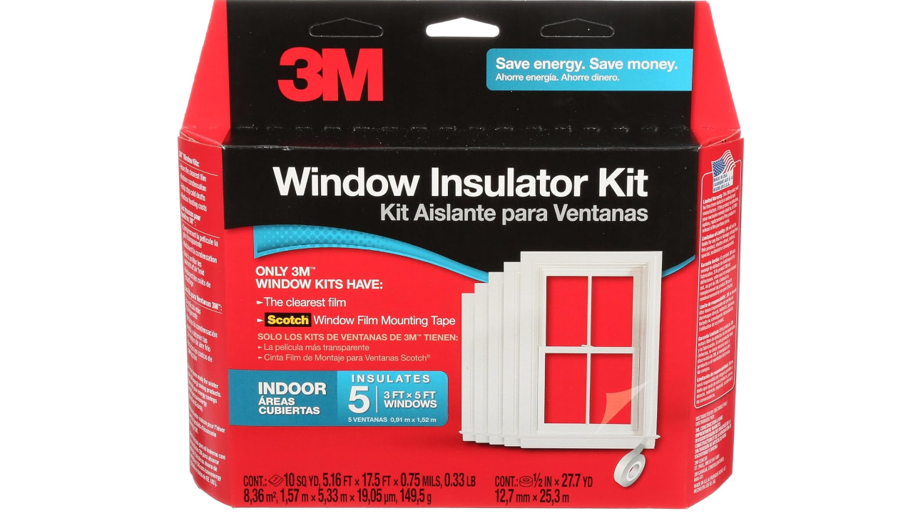 Red and black 3M Window Insulator Kit box showing shrink film, tape roll, and a window graphic, insulates five 3x5 ft windows