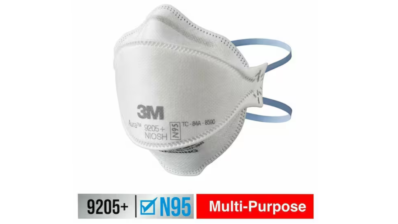 White 3M N95 respirator mask with blue ear loops and 9205+ Multi-Purpose label