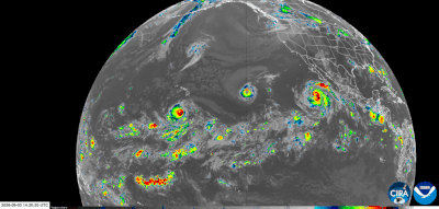 Satellite image of three hurricanes in the Pacific Ocean