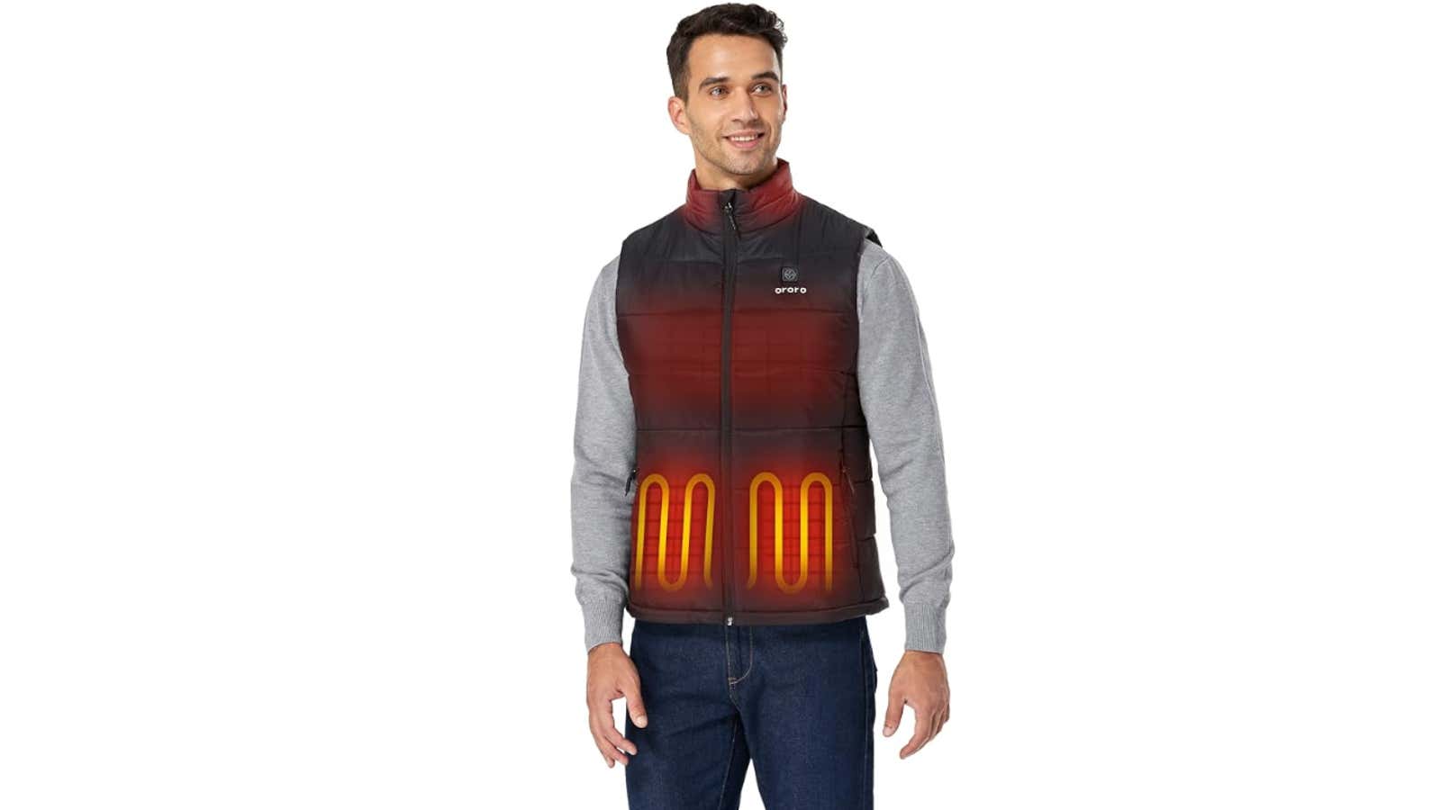Man wearing an Ororo heated vest with visible heating elements glowing on the front panels