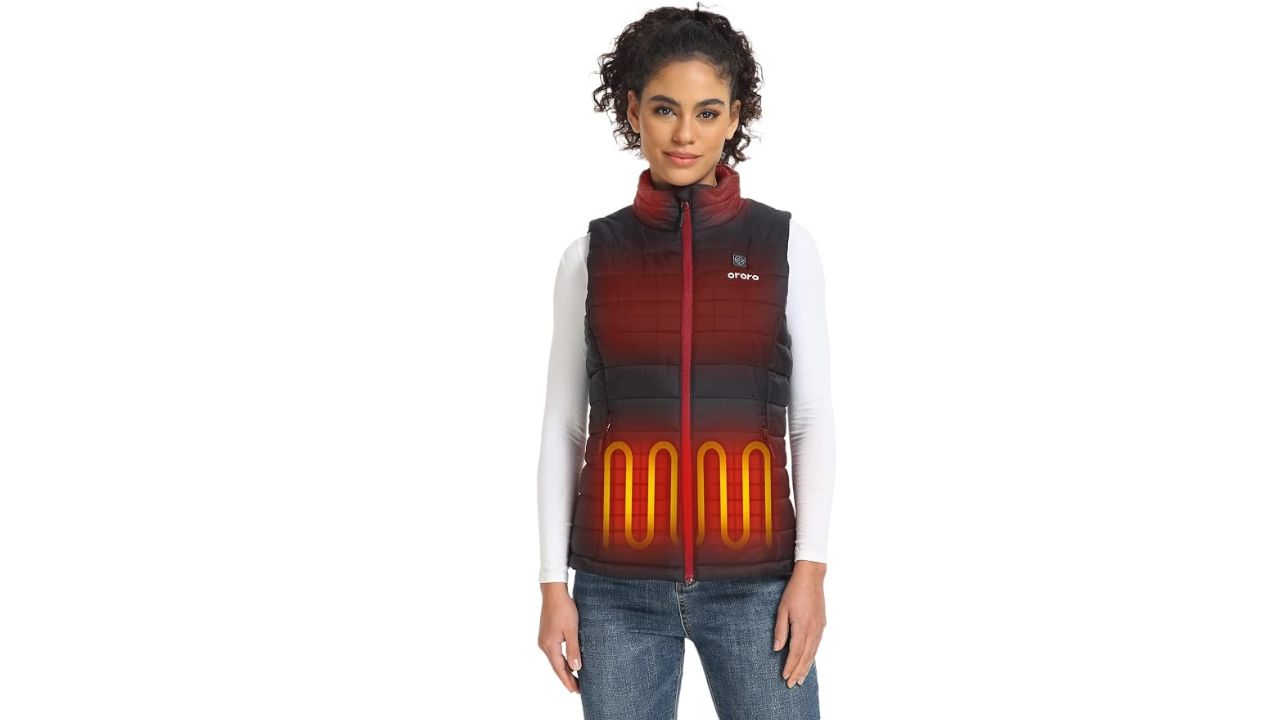 Woman wearing an ORORO heated puffer vest with illustrated heating coil pattern showing warmth zones across the torso