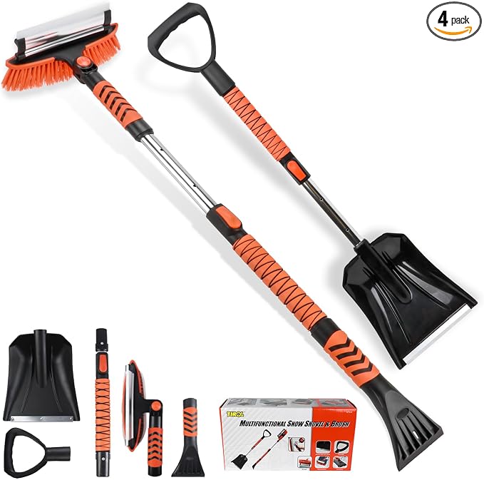 Ice scraper and snow brush with emergency snow shovel
