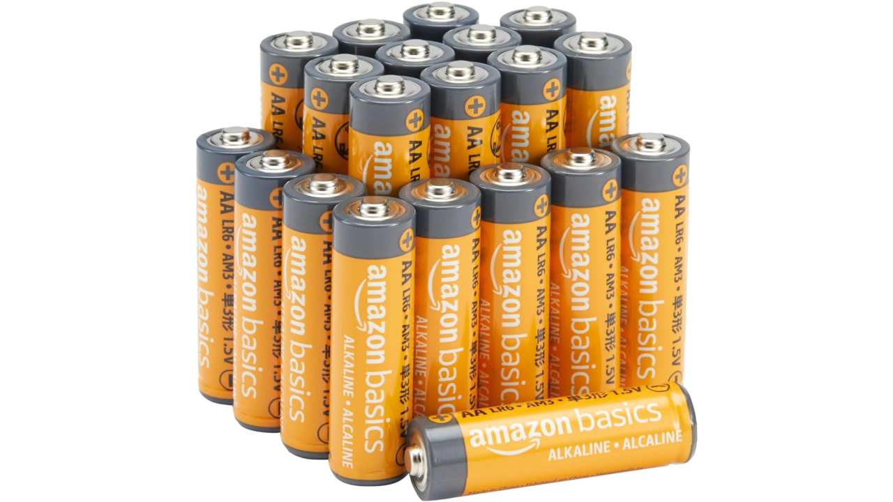 Group of Amazon Basics AA alkaline batteries stacked upright with one lying horizontally in front