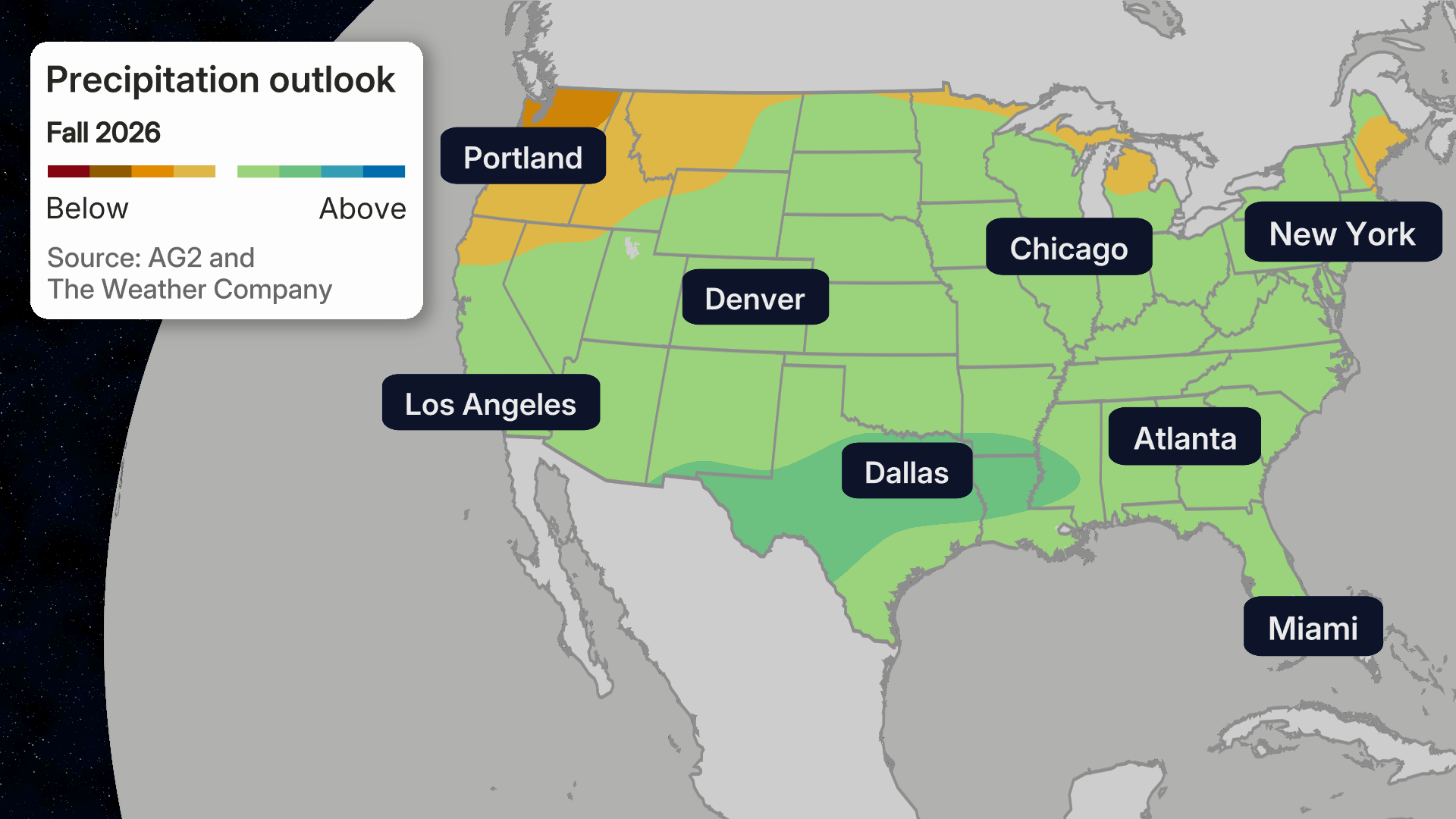 US map showing Fall 2026 precipitation outlook with above-average green regions across most states and below-average orange areas in the Pacific Northwest