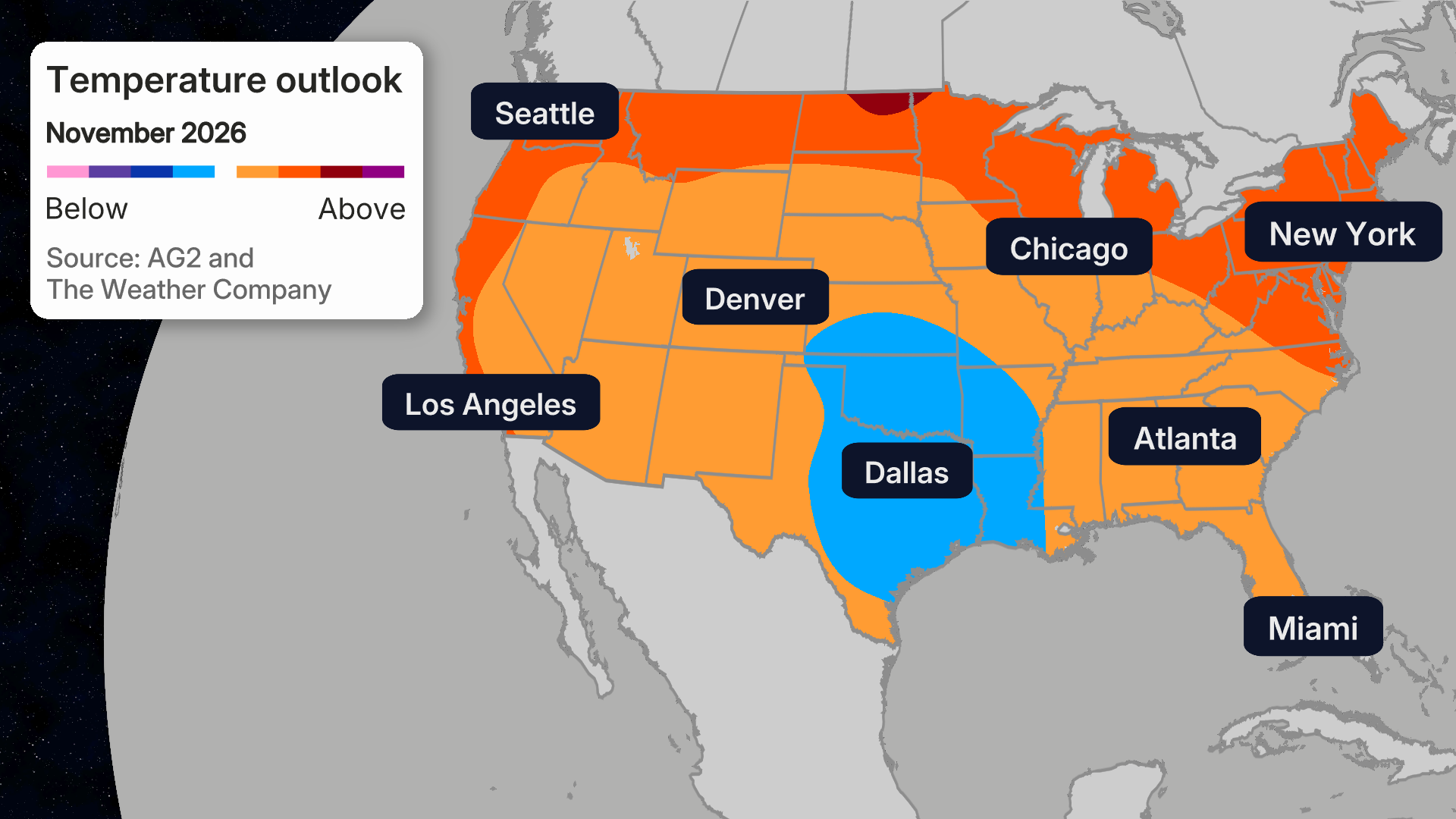 Map showing US temperature outlook for November 2026, with orange indicating above-average and blue below-average temperatures across regions
