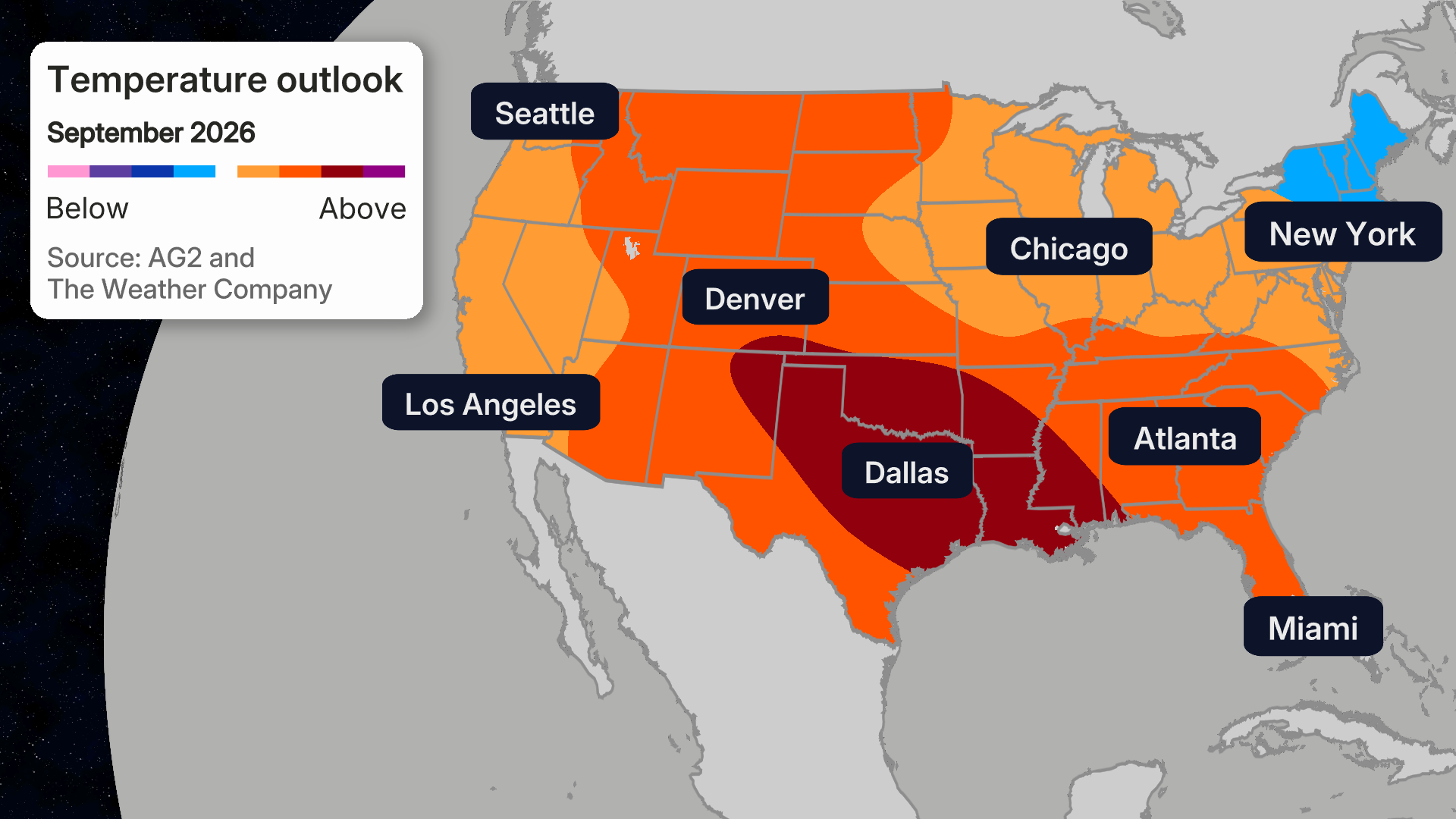 US map showing September 2026 temperature outlook with above-average heat in orange and red across most states, cooler blue in the Northeast