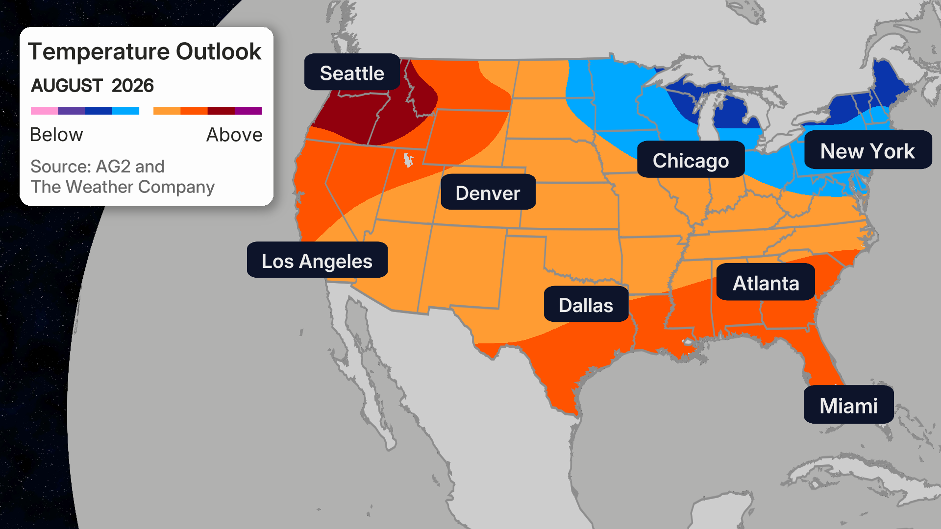 Temperature outlook map for August 2026 showing above-normal temperatures in orange and red across most of the US, with below-normal temperatures in blue across the northern Great Lakes and Northeast regions