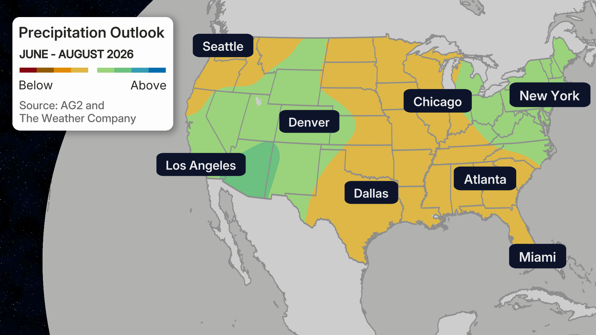 Weather map showing precipitation outlook for June-August 2026 across the United States with color-coded regions indicating above or below normal rainfall expectations and major city labels
