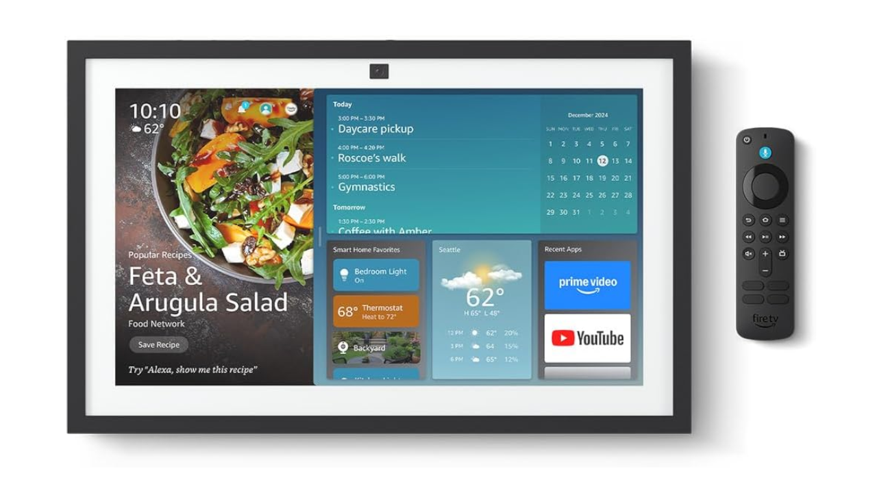 Smart display with framed screen showing recipe, calendar, weather, and smart home widgets, alongside a Fire TV remote