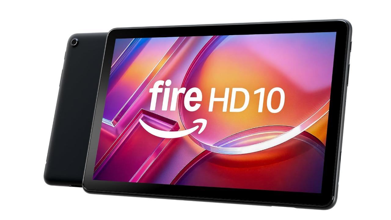 Amazon Fire HD 10 tablet showing colorful logo screen, with rear view of second tablet visible behind it