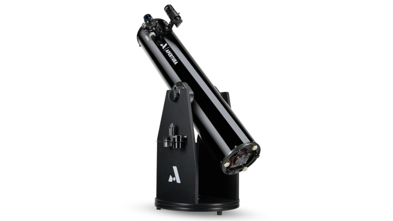 Black Aperture Dobsonian telescope on a rotating base mount against a white background
