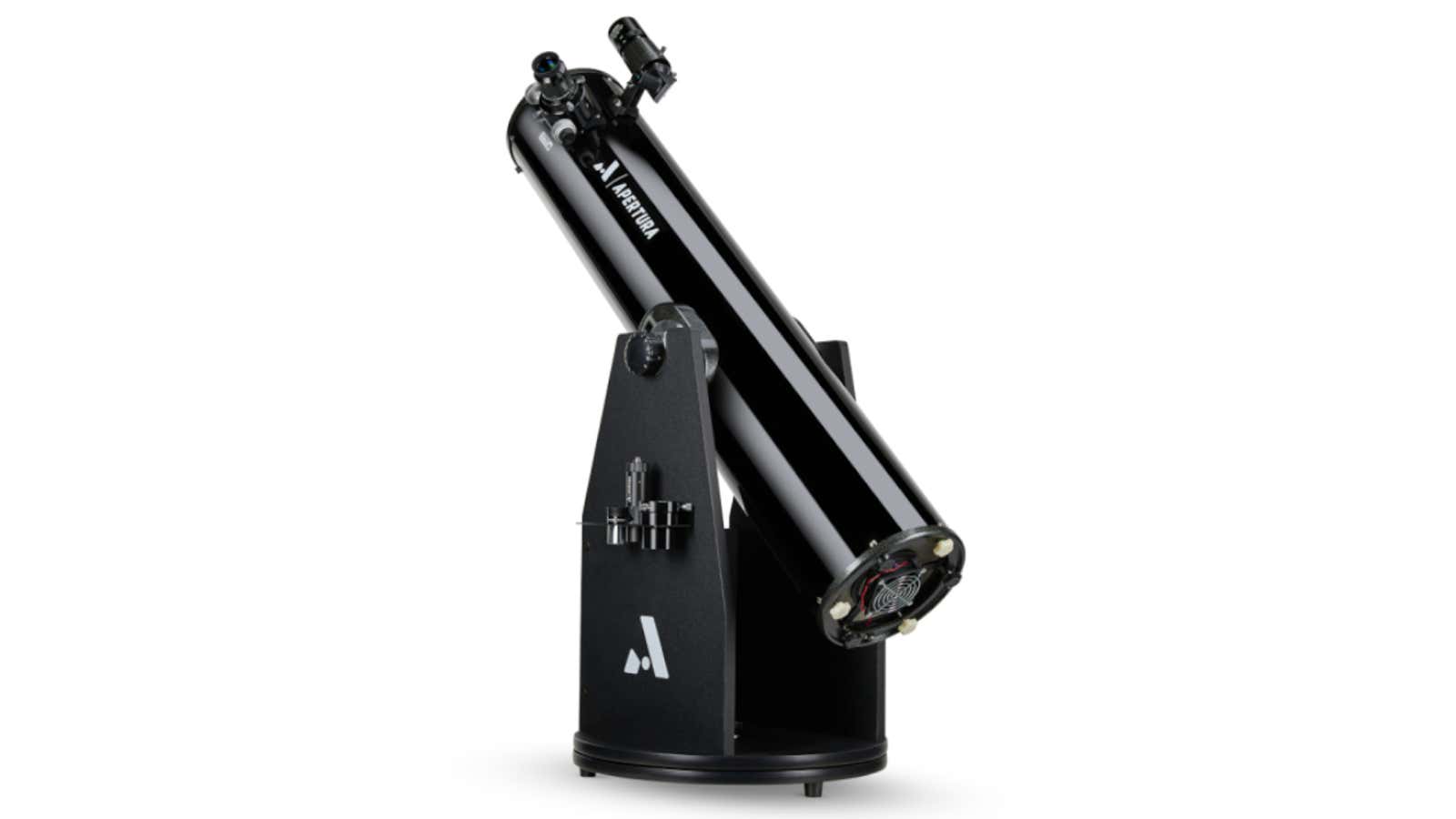 Black Aperture Dobsonian telescope on a rotating base mount against a white background
