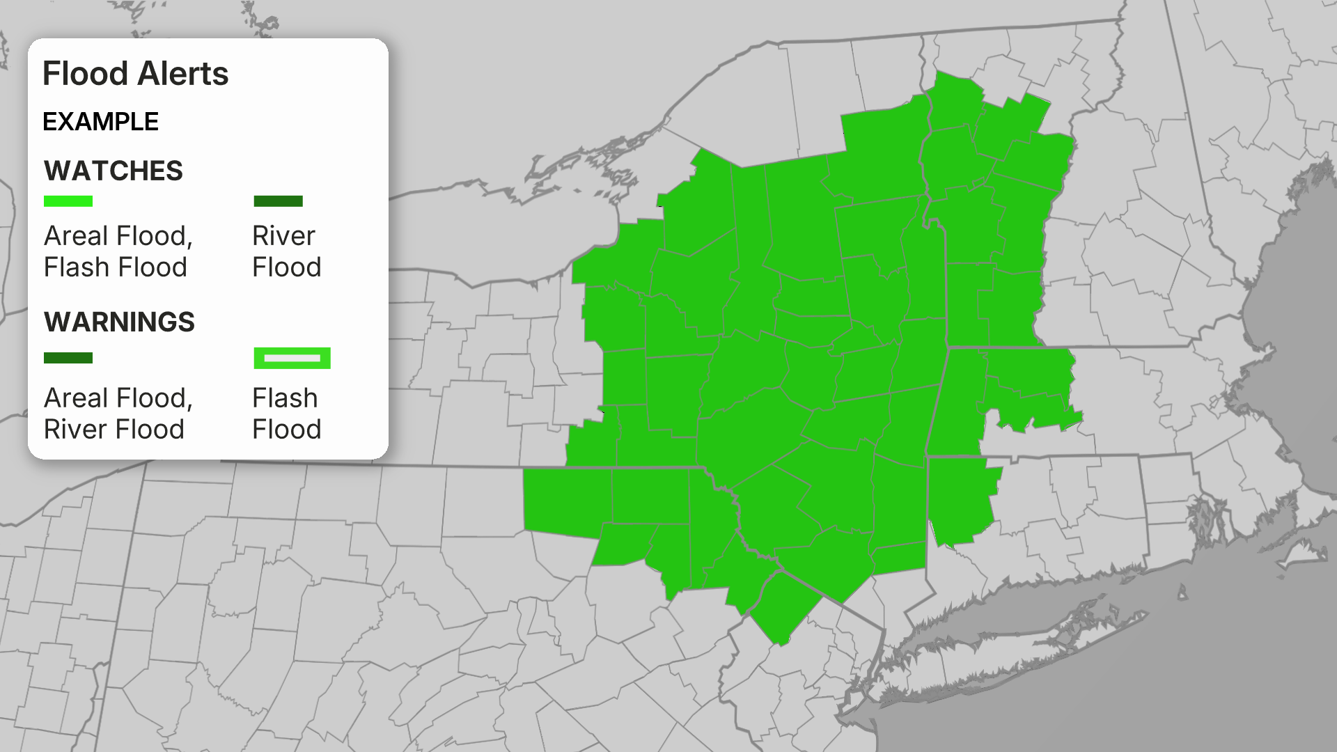 Weather map showing flood alerts across multiple states with green shaded areas indicating an areal flood watch, accompanied by a legend explaining different alert types