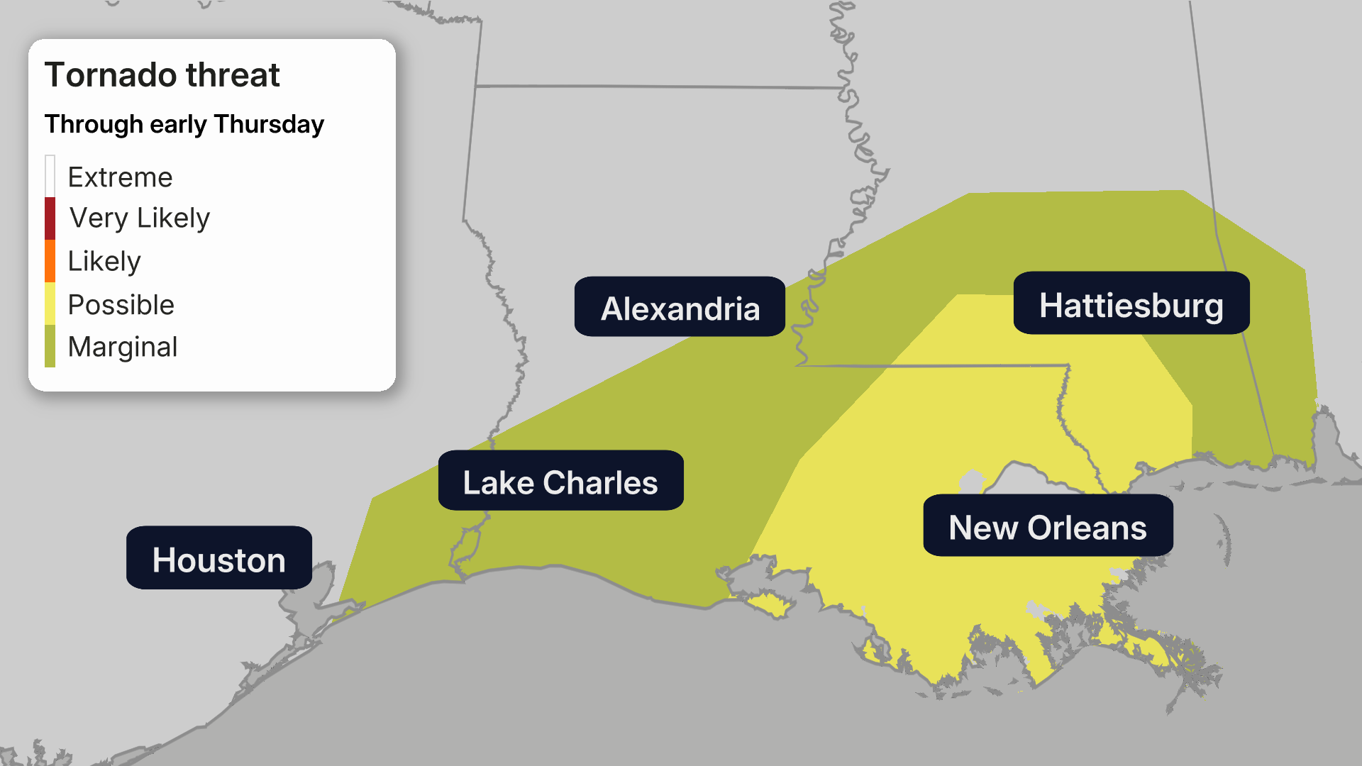 Weather map showing tornado threat zones across Louisiana and Mississippi through early Thursday, with color-coded risk levels from marginal to extreme and labeled cities including New Orleans, Lake Charles, Alexandria, Hattiesburg, and Houston