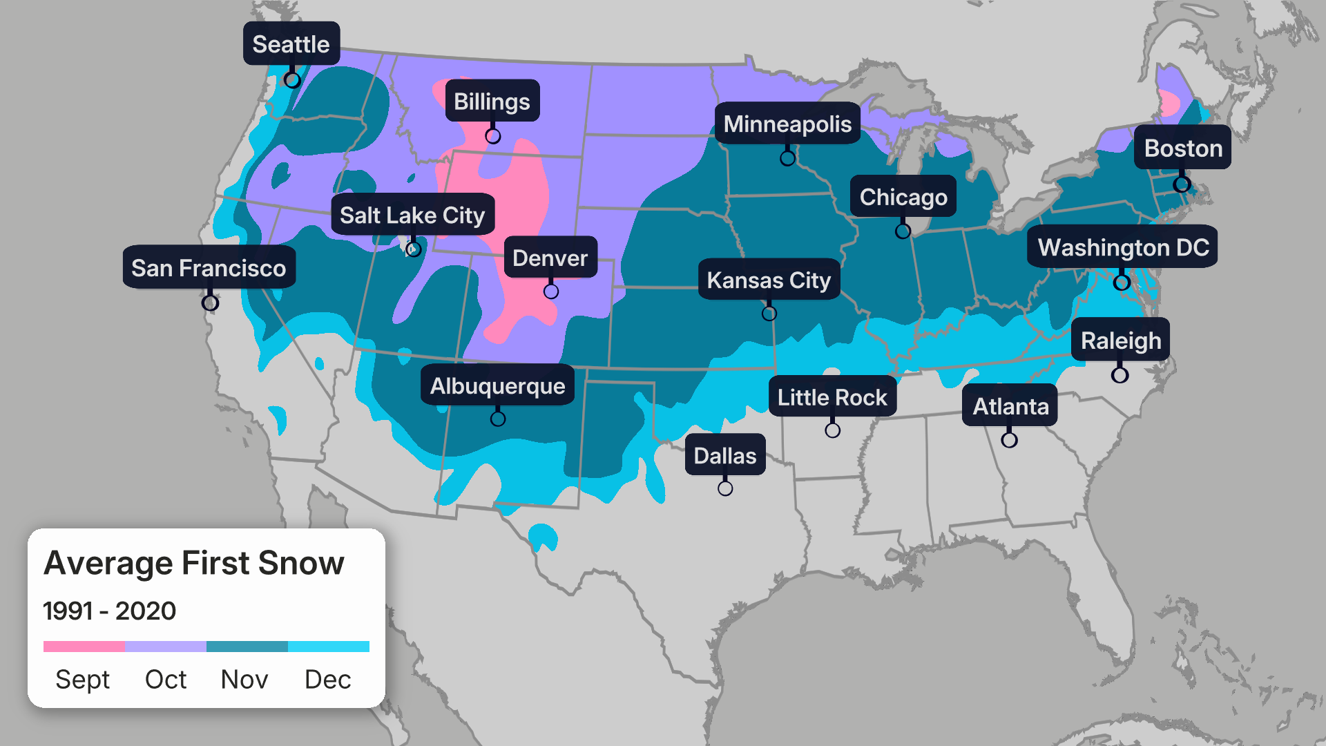 Month of the average first accumulating (0.1 inches or greater) snowfall of the season, according to 30-year average statistics.